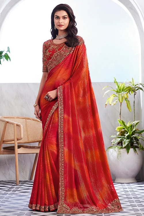 Shimmer Golden Silk Light Red Designer Saree With Fancy Blouse Piece