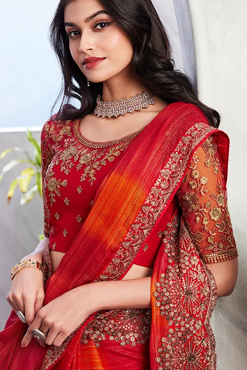 Shimmer Golden Silk Light Red Designer Saree With Fancy Blouse Piece