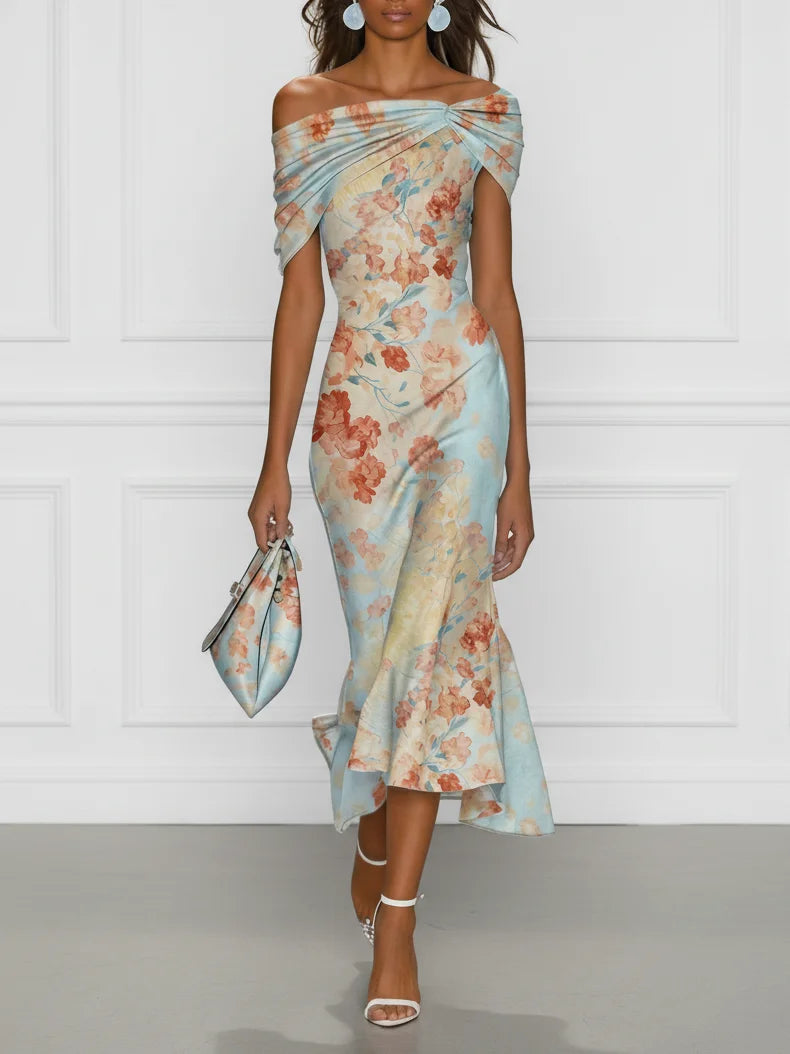 Vittoria | Midi Mermaid Dress Without Sleeves with Off-Shoulder and Blue Floral Pattern by Qivii