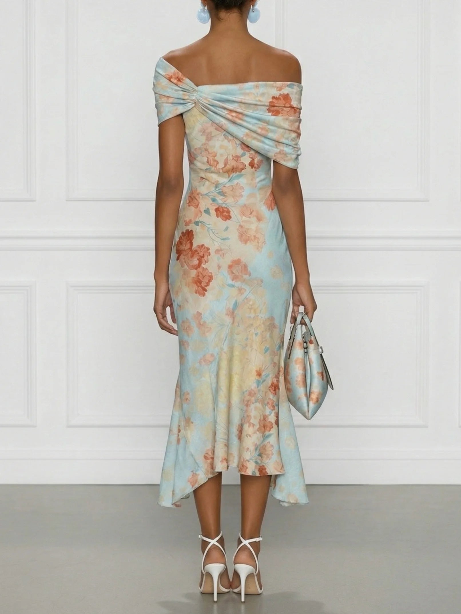 Vittoria | Midi Mermaid Dress Without Sleeves with Off-Shoulder and Blue Floral Pattern by Qivii