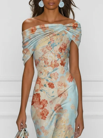 Vittoria | Midi Mermaid Dress Without Sleeves with Off-Shoulder and Blue Floral Pattern by Qivii