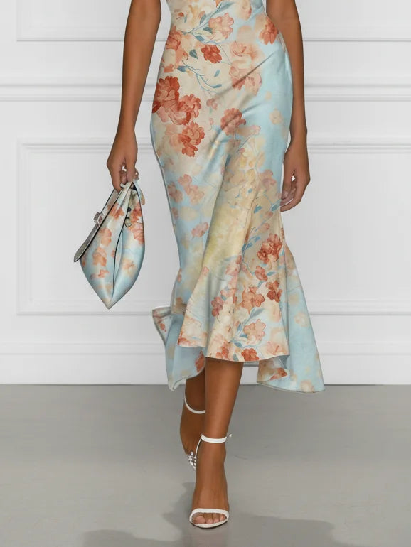 Vittoria | Midi Mermaid Dress Without Sleeves with Off-Shoulder and Blue Floral Pattern by Qivii