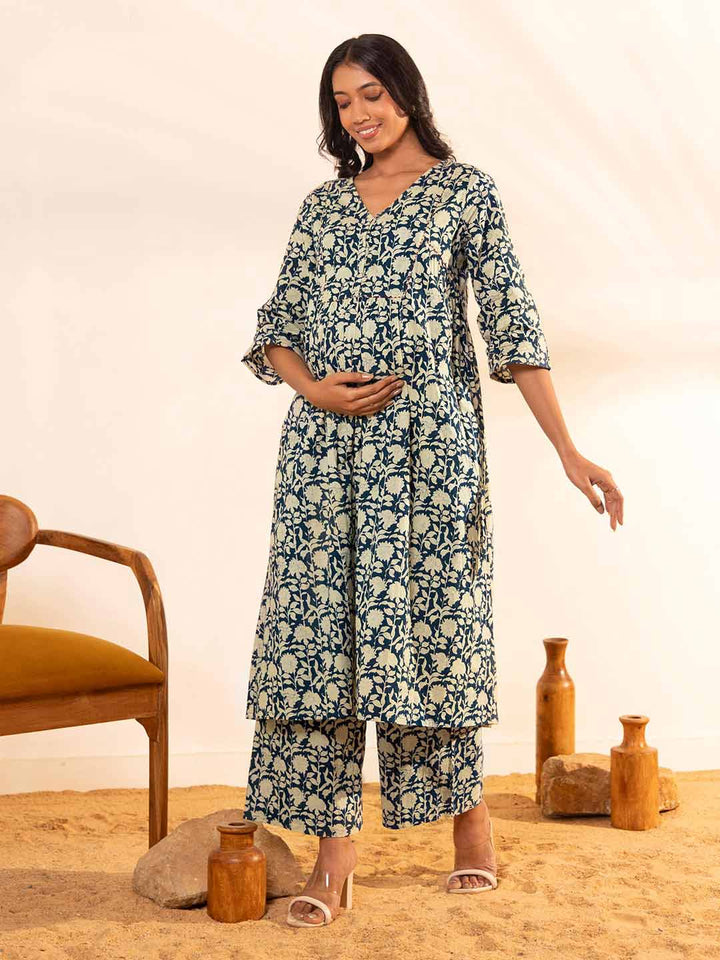 Teal Blue Cotton Floral Printed Maternity Kurta with Palazzo  - By Janasya