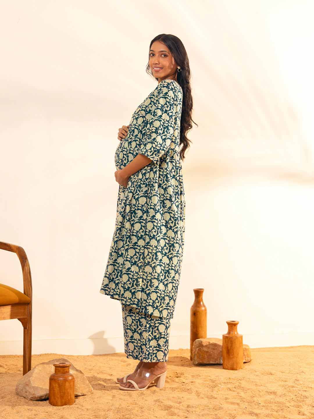 Teal Blue Cotton Floral Printed Maternity Kurta with Palazzo  - By Janasya