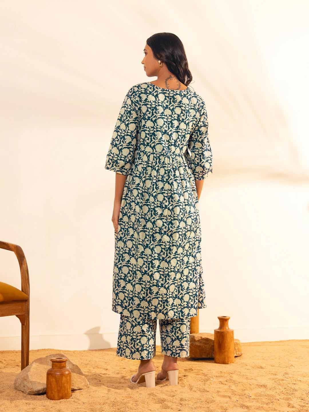 Teal Blue Cotton Floral Printed Maternity Kurta with Palazzo  - By Janasya