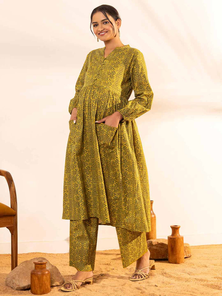 Olive Cotton Printed Gathered Maternity Kurta Set  - By Janasya