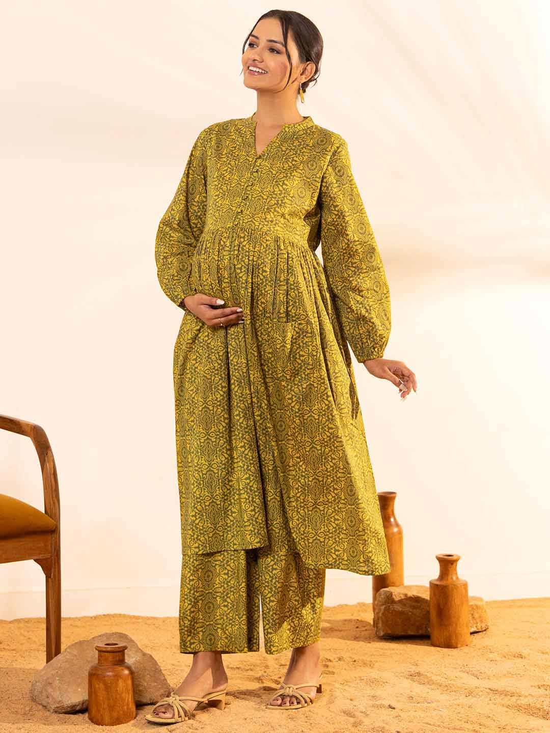 Olive Cotton Printed Gathered Maternity Kurta Set  - By Janasya