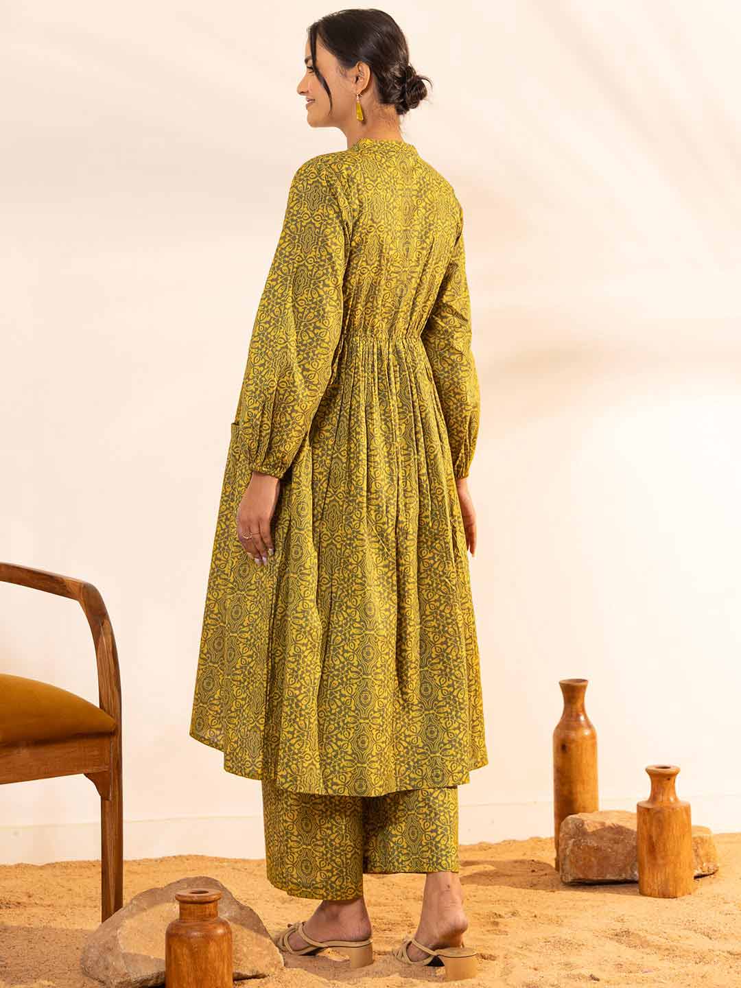 Olive Cotton Printed Gathered Maternity Kurta Set  - By Janasya