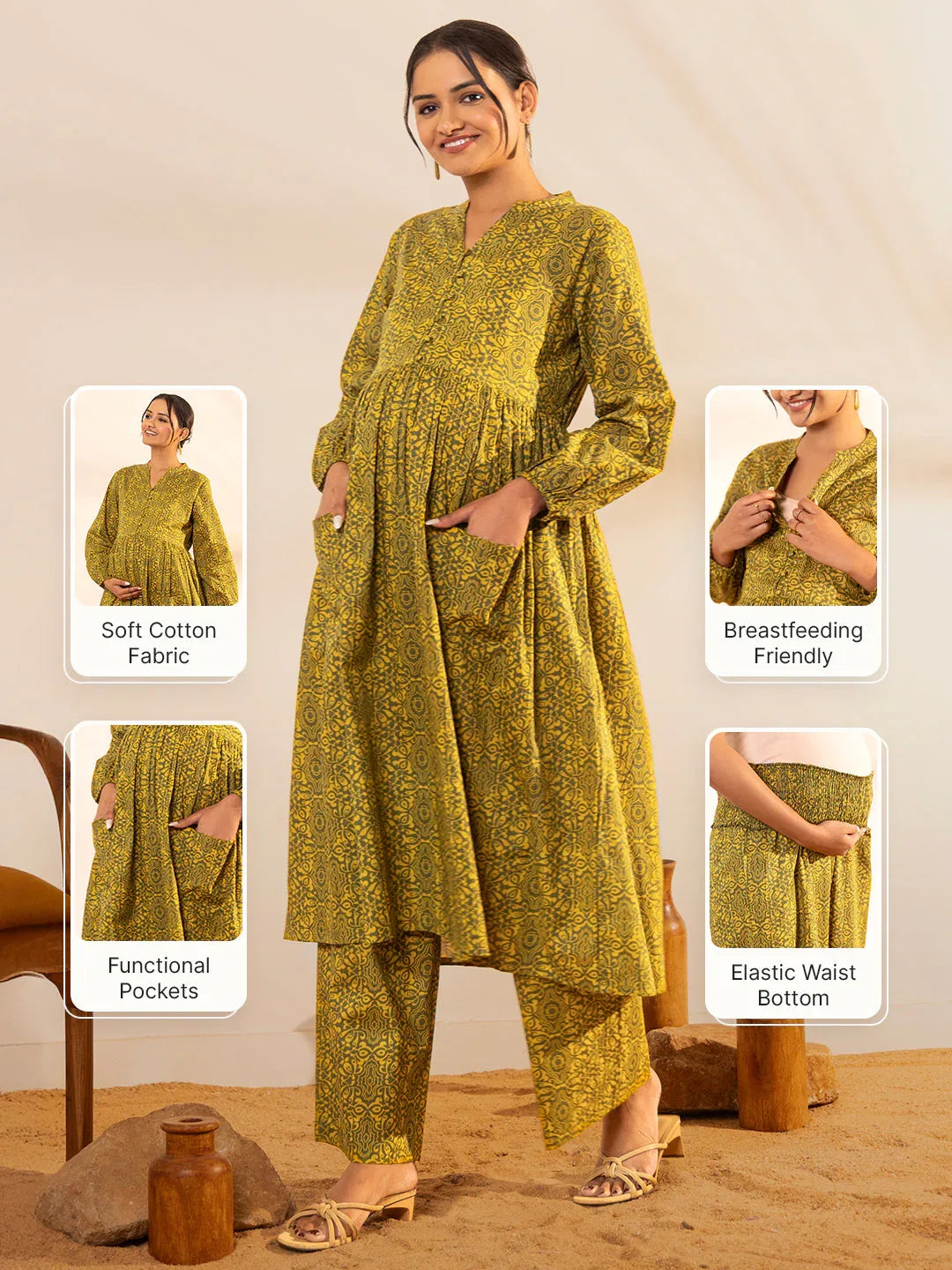 Olive Cotton Printed Gathered Maternity Kurta Set