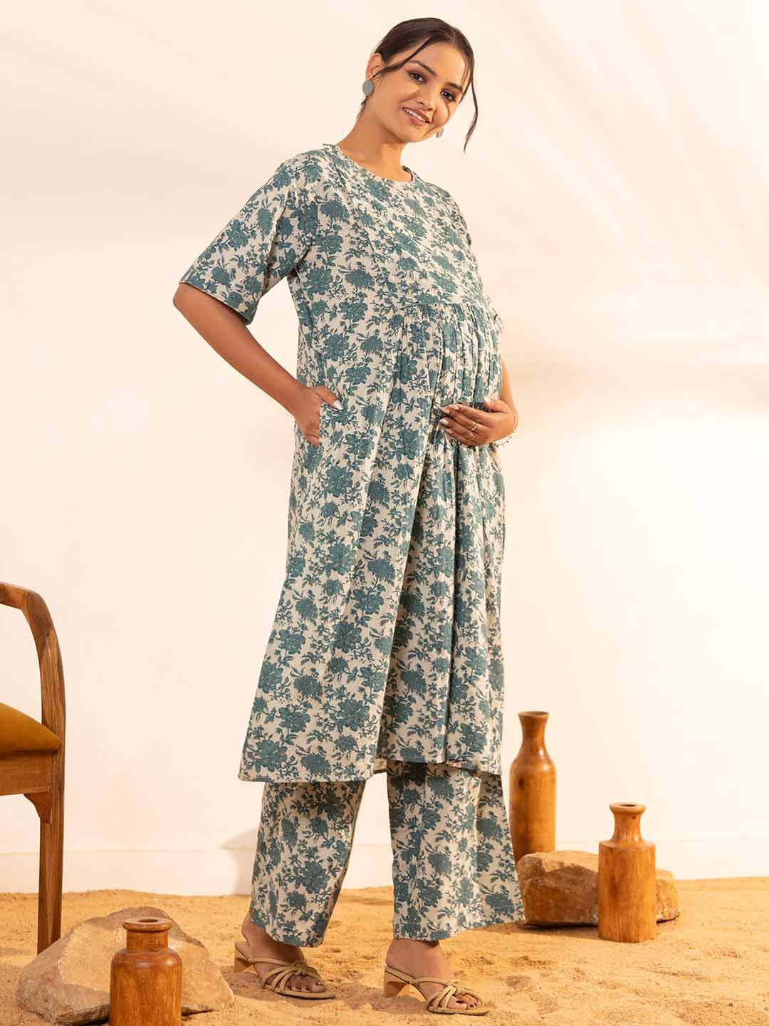 Beige Cotton Floral Printed Maternity Kurta with Palazzo  - By Janasya