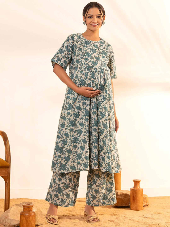 Beige Cotton Floral Printed Maternity Kurta with Palazzo  - By Janasya