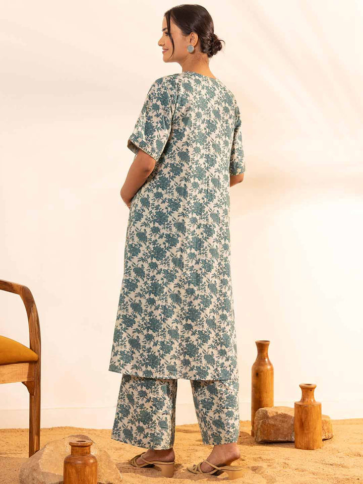 Beige Cotton Floral Printed Maternity Kurta with Palazzo  - By Janasya