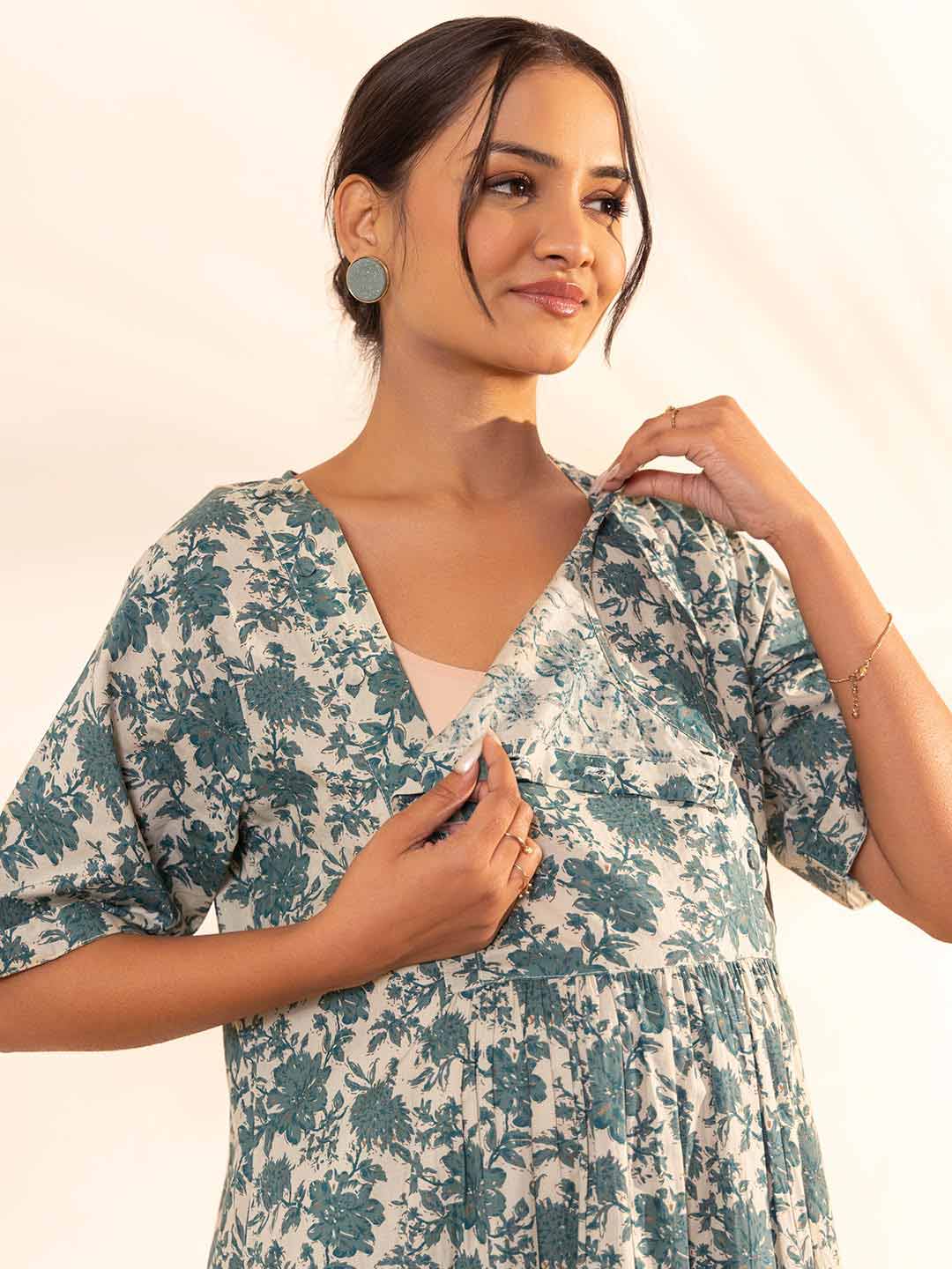 Beige Cotton Floral Printed Maternity Kurta with Palazzo  - By Janasya