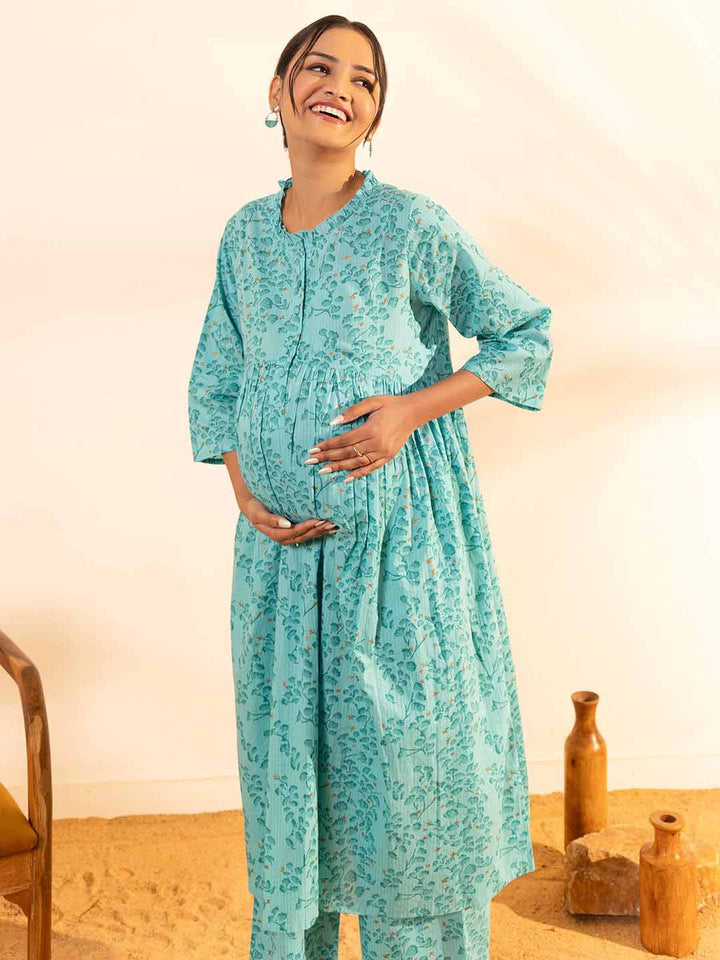 Sea Green Cotton Floral Printed Maternity Kurta with Palazzo  - By Janasya