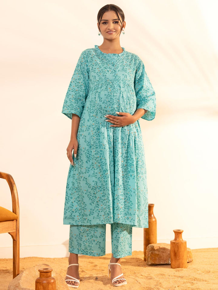 Sea Green Cotton Floral Printed Maternity Kurta with Palazzo  - By Janasya