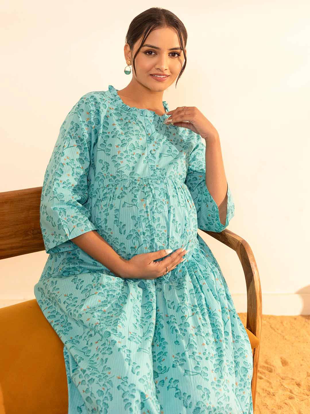 Sea Green Cotton Floral Printed Maternity Kurta with Palazzo  - By Janasya