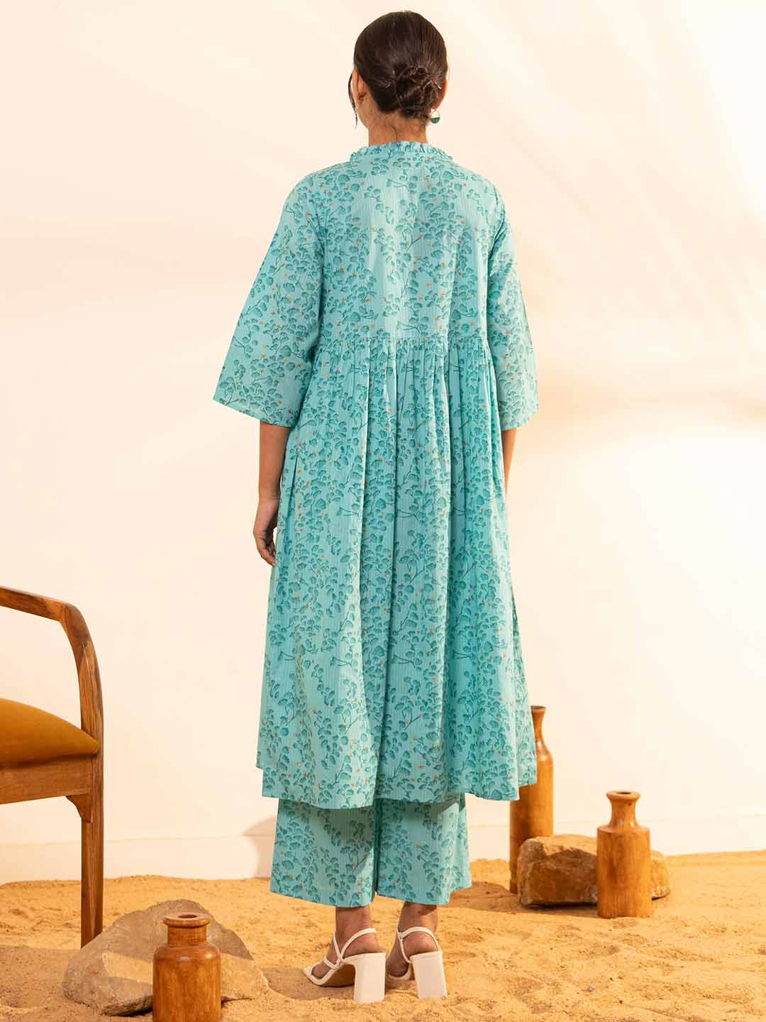 Sea Green Cotton Floral Printed Maternity Kurta with Palazzo  - By Janasya