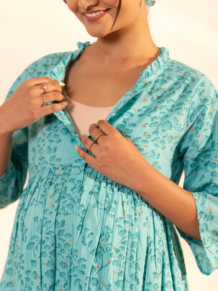 Sea Green Cotton Floral Printed Maternity Kurta with Palazzo  - By Janasya