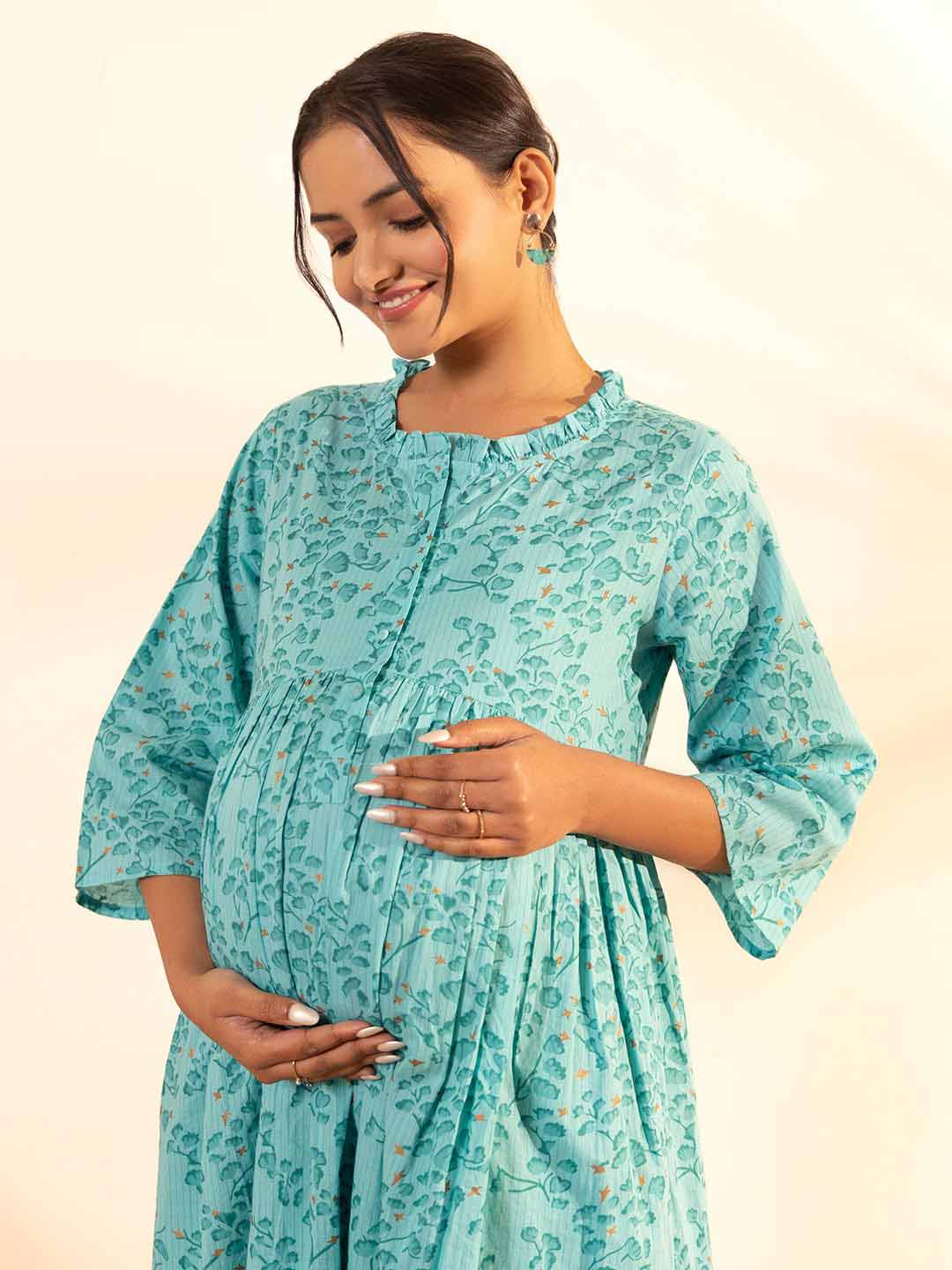 Sea Green Cotton Floral Printed Maternity Kurta with Palazzo  - By Janasya