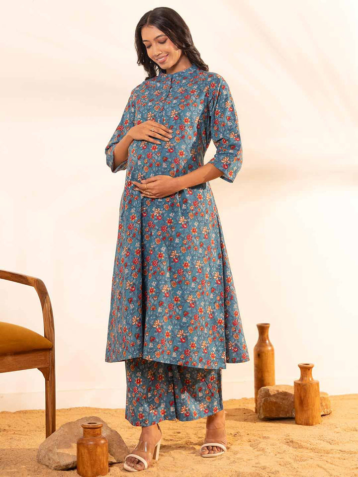 Blue Cotton Floral A-Line Maternity Kurta Set  - By Janasya