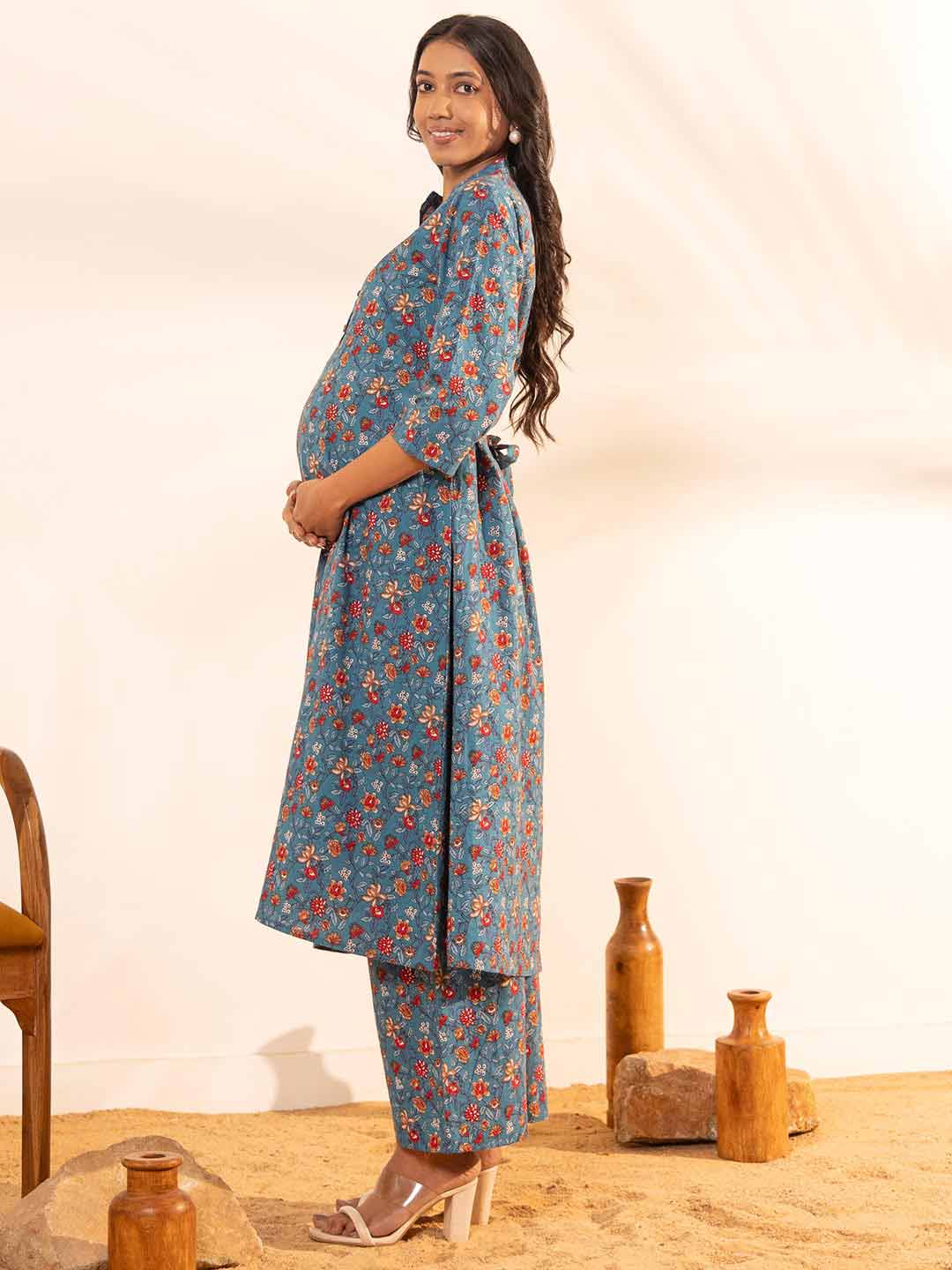 Blue Cotton Floral A-Line Maternity Kurta Set  - By Janasya