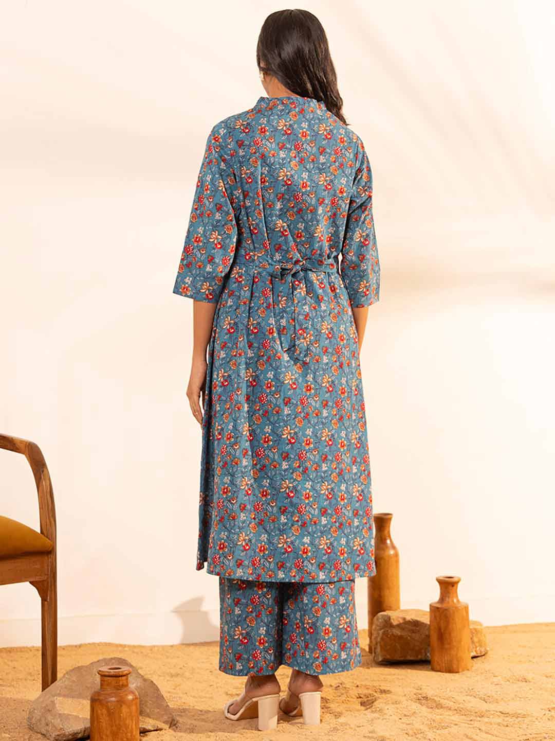 Blue Cotton Floral A-Line Maternity Kurta Set  - By Janasya