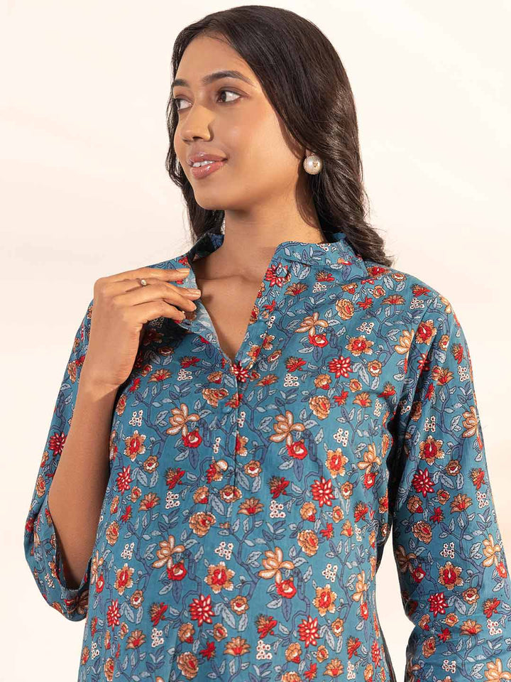 Blue Cotton Floral A-Line Maternity Kurta Set  - By Janasya