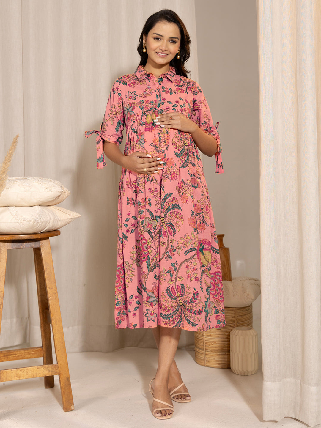 Peach Cotton Floral Gathered Maternity Dress  - By Janasya