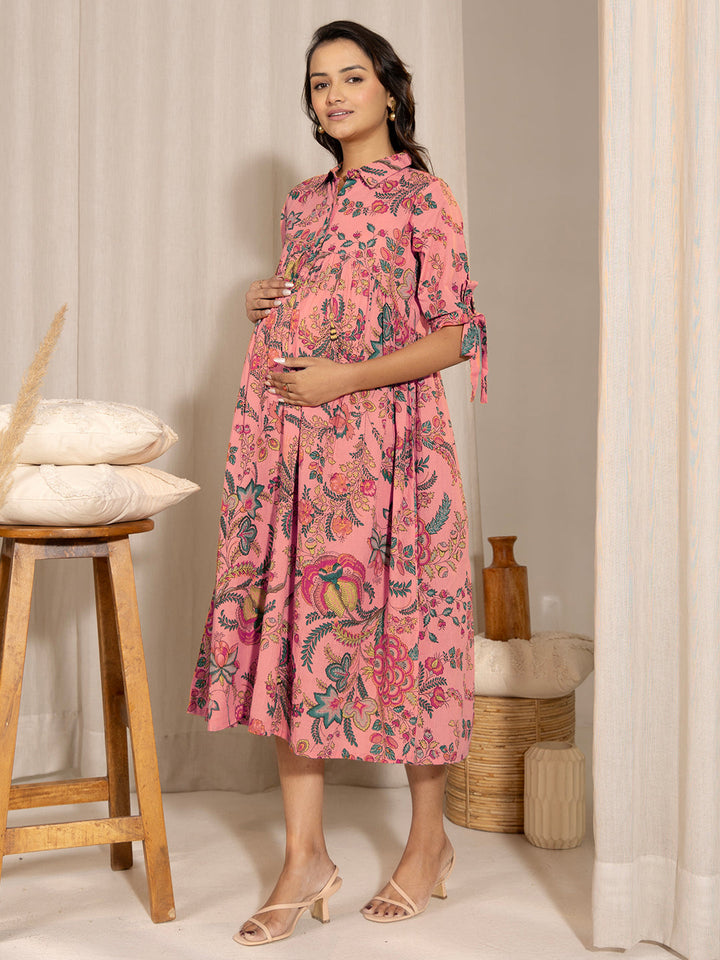 Peach Cotton Floral Gathered Maternity Dress  - By Janasya