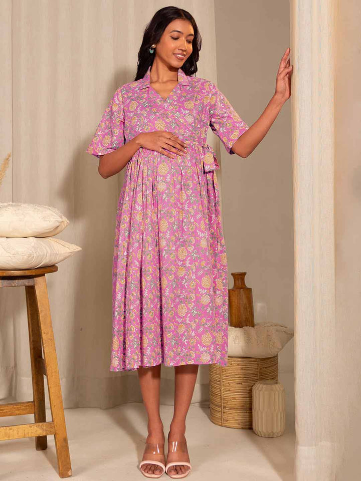 Pink Cotton Floral Wrap Maternity Dress  - By Janasya