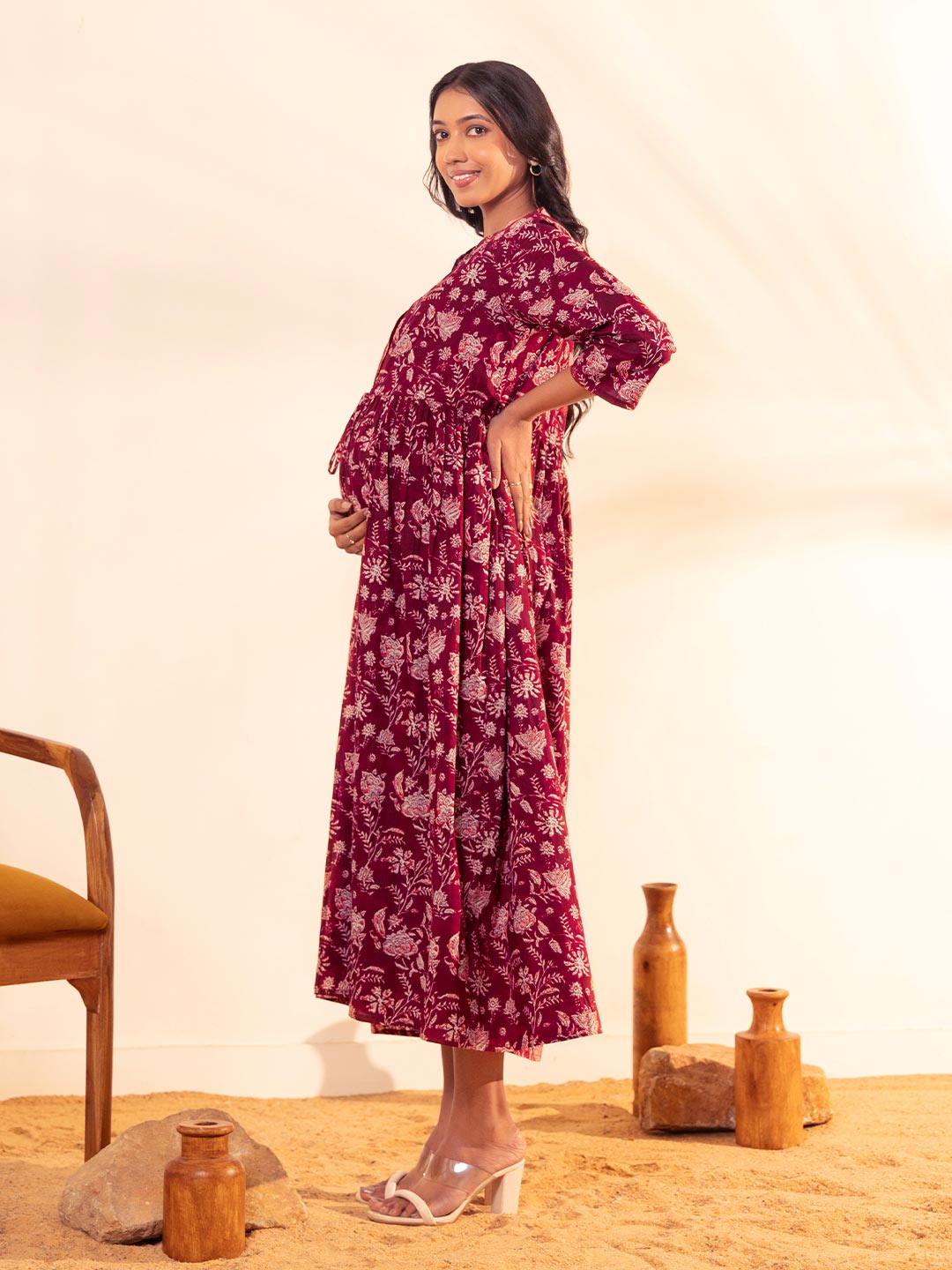 Maroon Cotton Floral Front Tie-Up Maternity Dress  - By Janasya