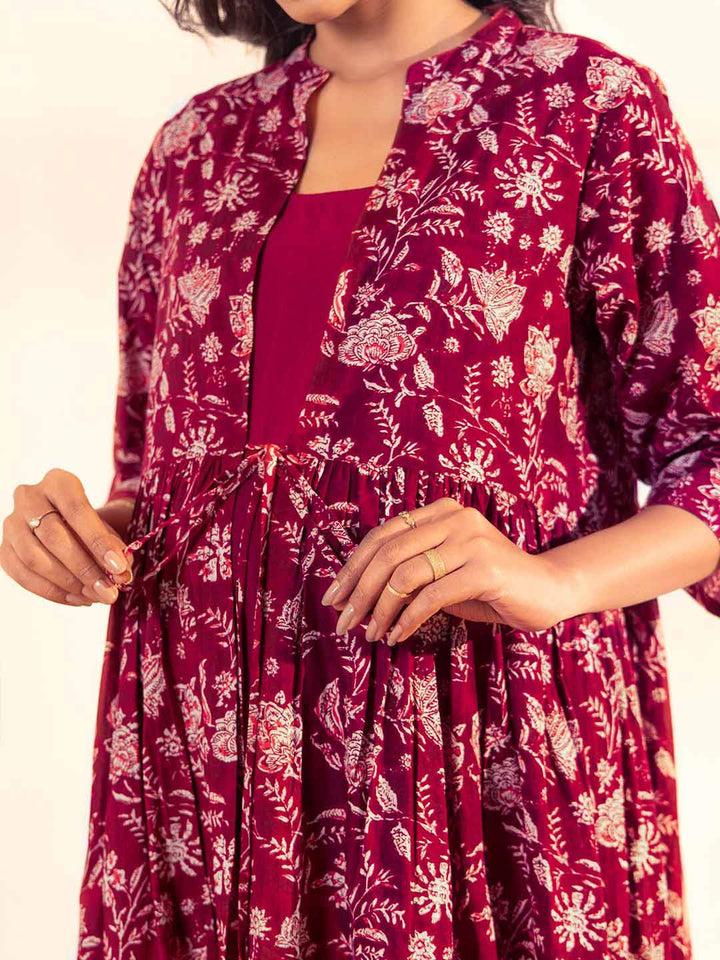 Maroon Cotton Floral Front Tie-Up Maternity Dress  - By Janasya