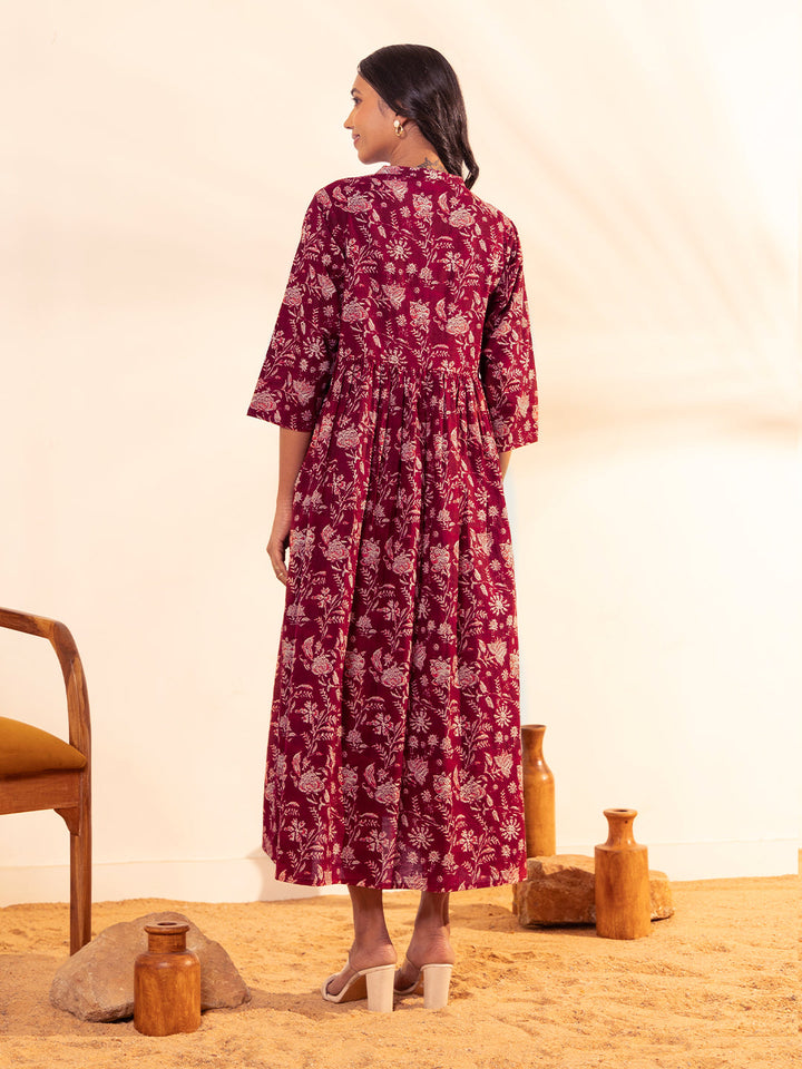 Maroon Cotton Floral Front Tie-Up Maternity Dress  - By Janasya