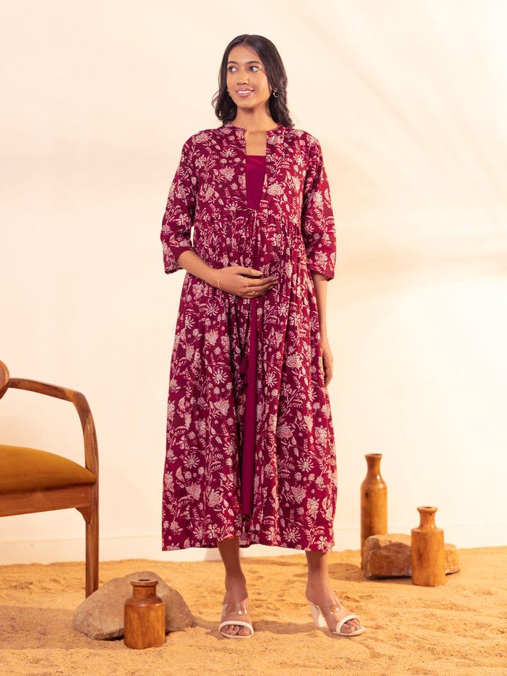 Maroon Cotton Floral Front Tie-Up Maternity Dress  - By Janasya