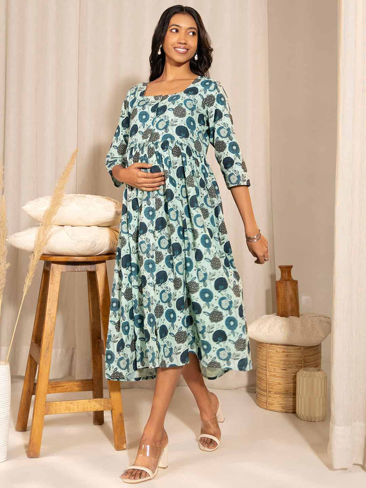 Light Blue Cotton Floral Fit & Flare Maternity Dress  - By Janasya