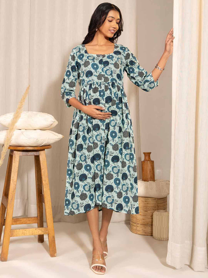 Light Blue Cotton Floral Fit & Flare Maternity Dress  - By Janasya