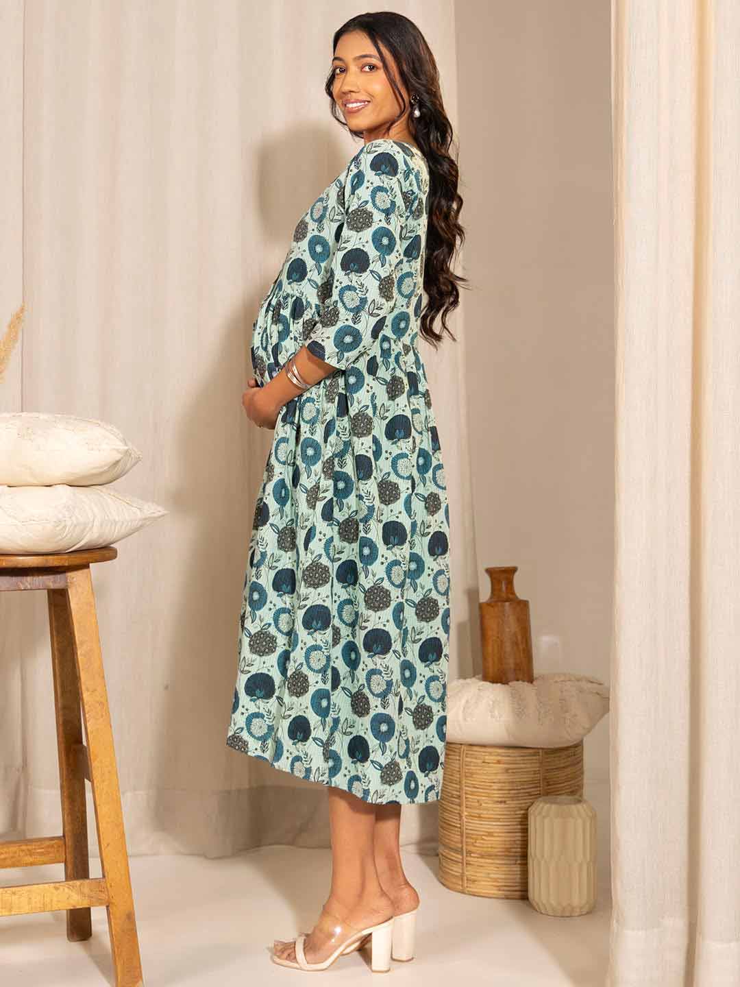 Light Blue Cotton Floral Fit & Flare Maternity Dress  - By Janasya