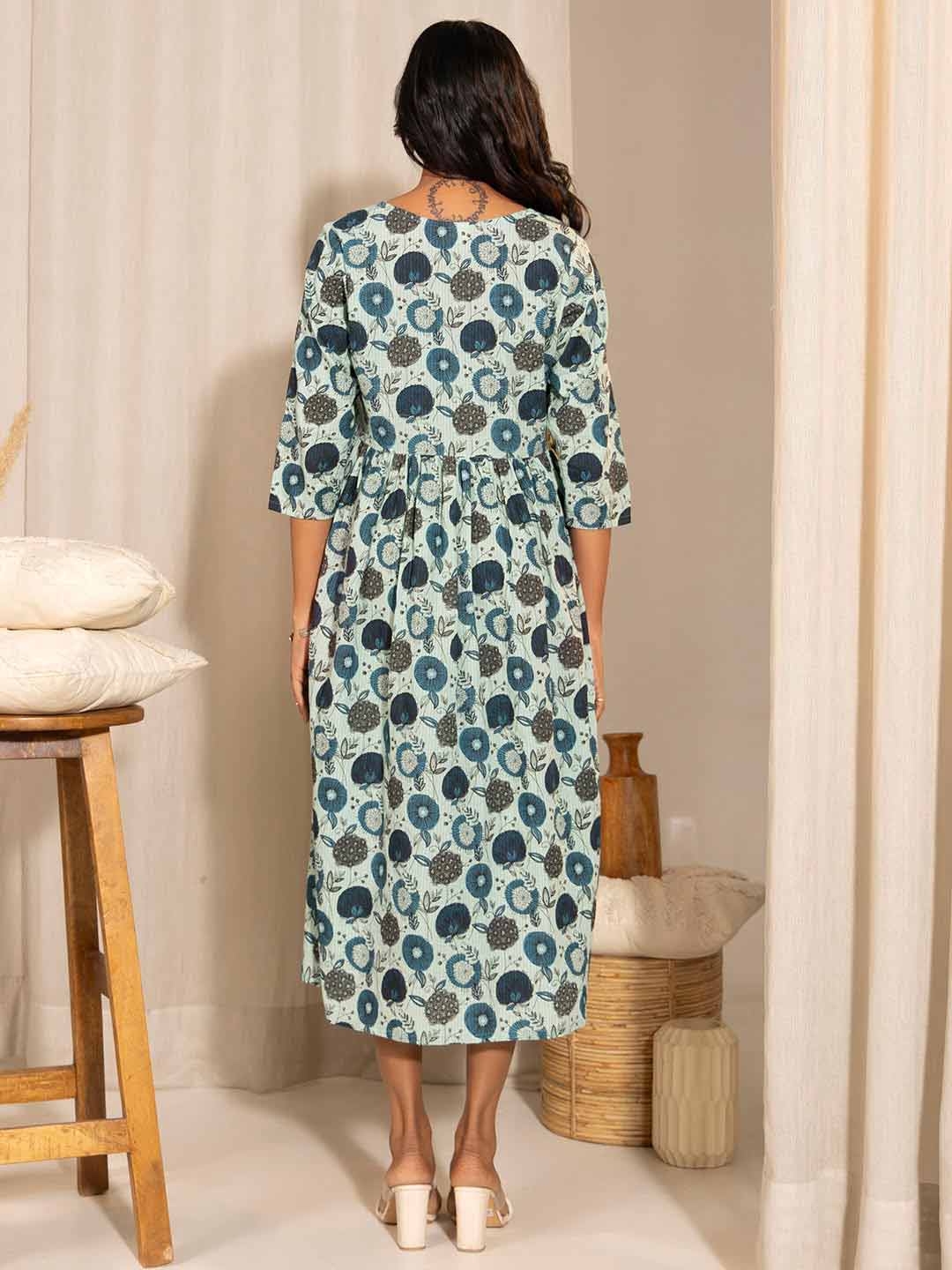 Light Blue Cotton Floral Fit & Flare Maternity Dress  - By Janasya