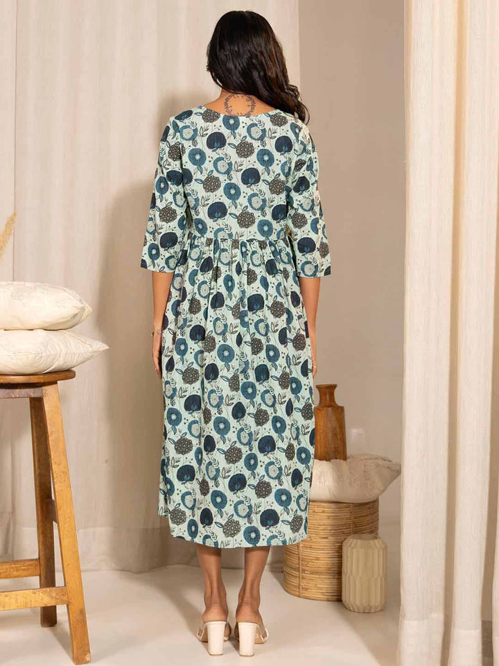 Light Blue Cotton Floral Fit & Flare Maternity Dress  - By Janasya