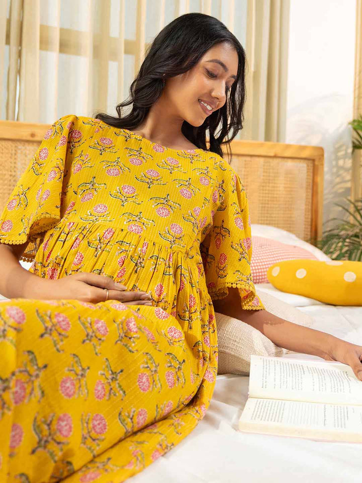 Yellow Cotton Floral Fit & Flare Maternity Dress  - By Janasya