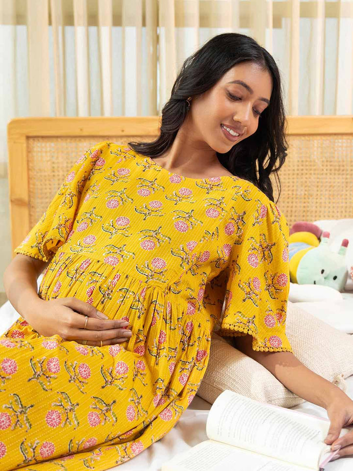 Yellow Cotton Floral Fit & Flare Maternity Dress  - By Janasya