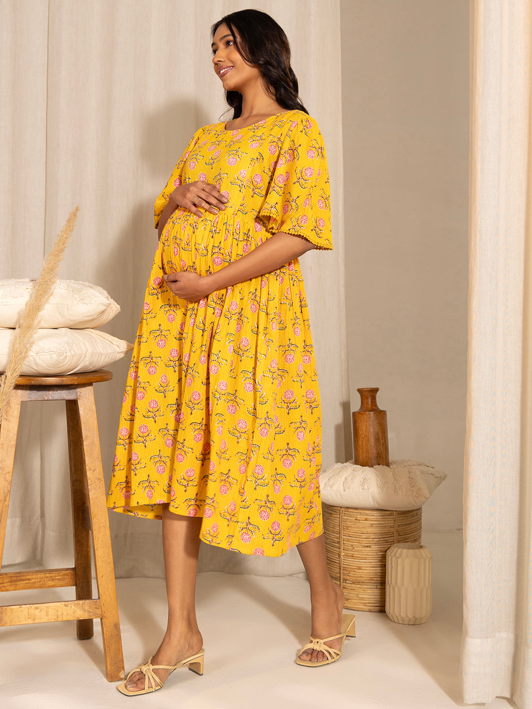 Yellow Cotton Floral Fit & Flare Maternity Dress  - By Janasya