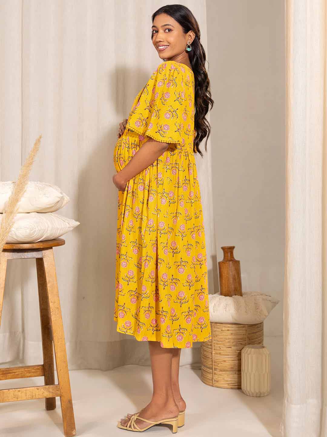 Yellow Cotton Floral Fit & Flare Maternity Dress  - By Janasya