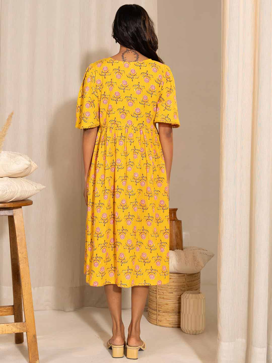 Yellow Cotton Floral Fit & Flare Maternity Dress  - By Janasya