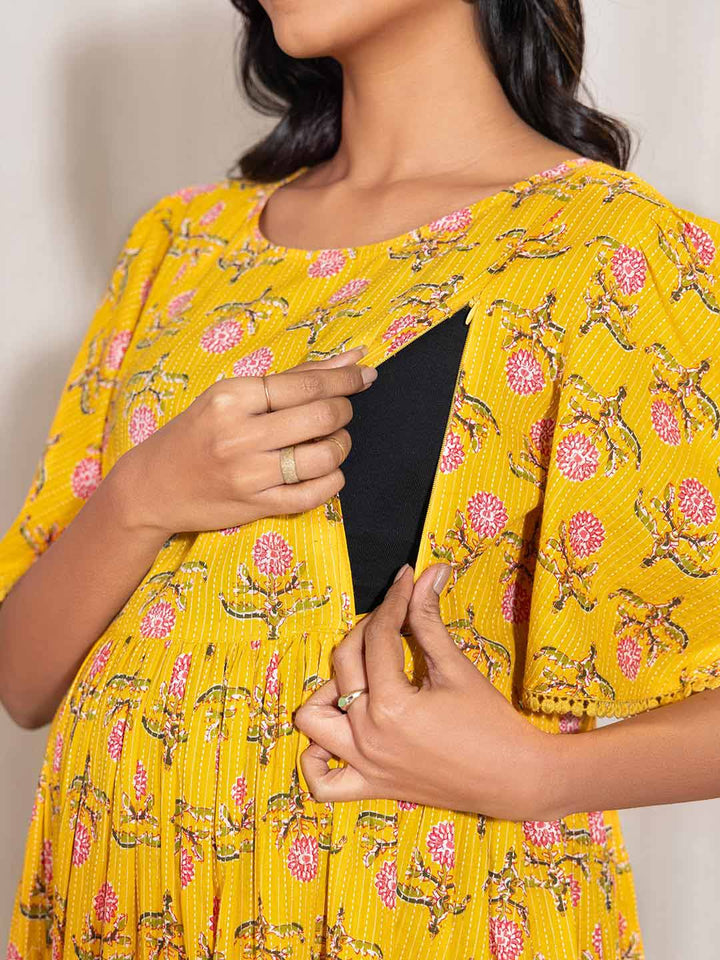 Yellow Cotton Floral Fit & Flare Maternity Dress  - By Janasya