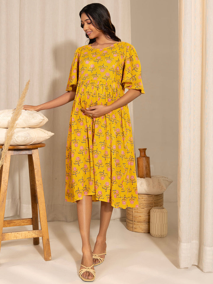 Yellow Cotton Floral Fit & Flare Maternity Dress  - By Janasya