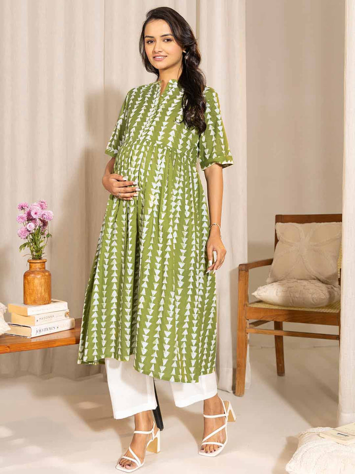 Green Cotton Block Printed Gathered Maternity Kurta  - By Janasya