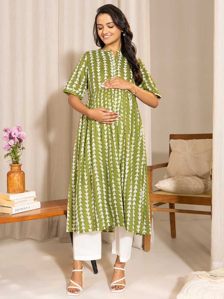 Green Cotton Block Printed Gathered Maternity Kurta  - By Janasya