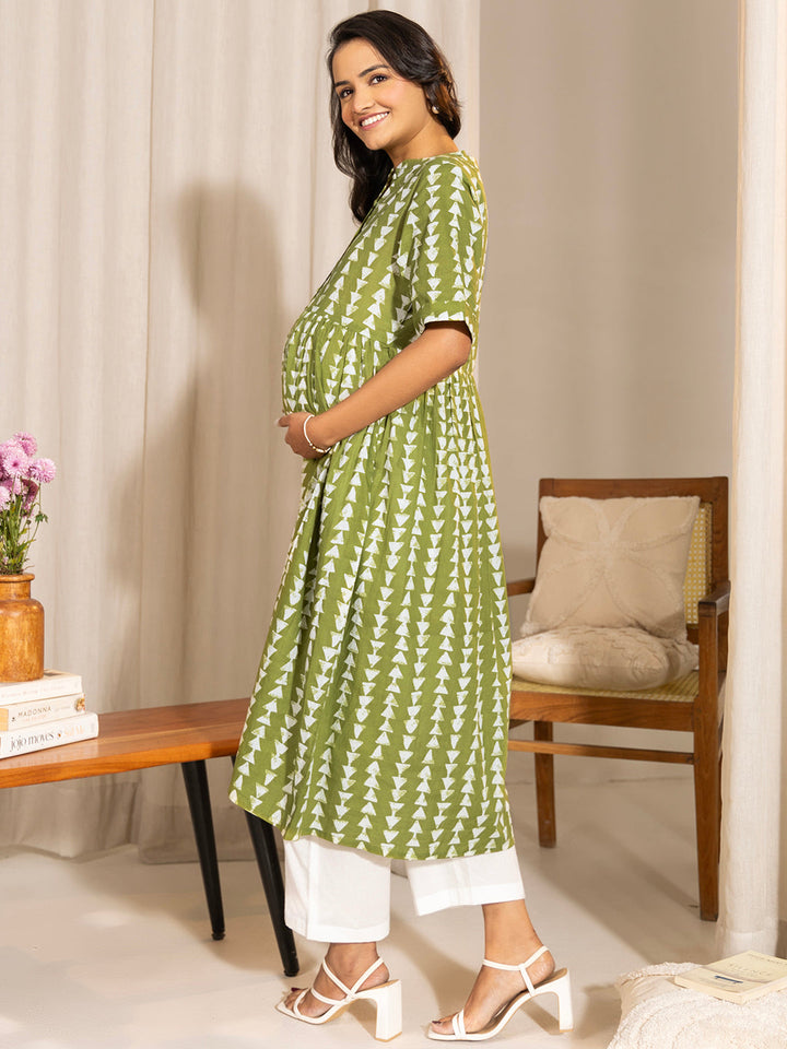 Green Cotton Block Printed Gathered Maternity Kurta  - By Janasya