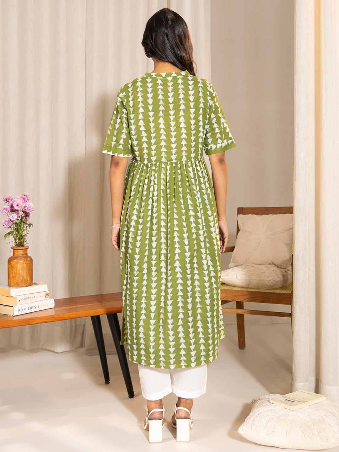 Green Cotton Block Printed Gathered Maternity Kurta  - By Janasya